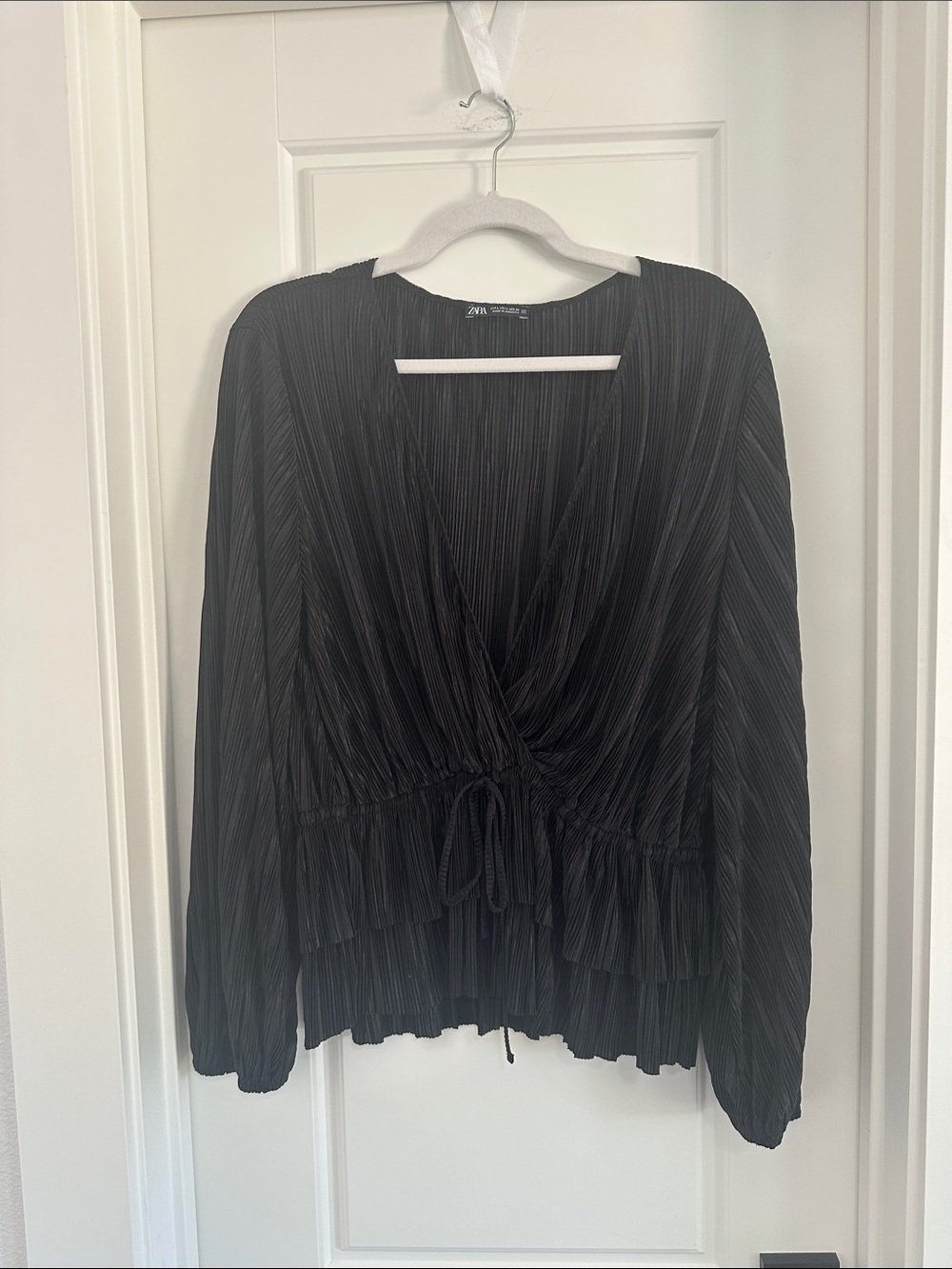 Zara Black Pleated Wrap-Style Blouse with Waist Tie
